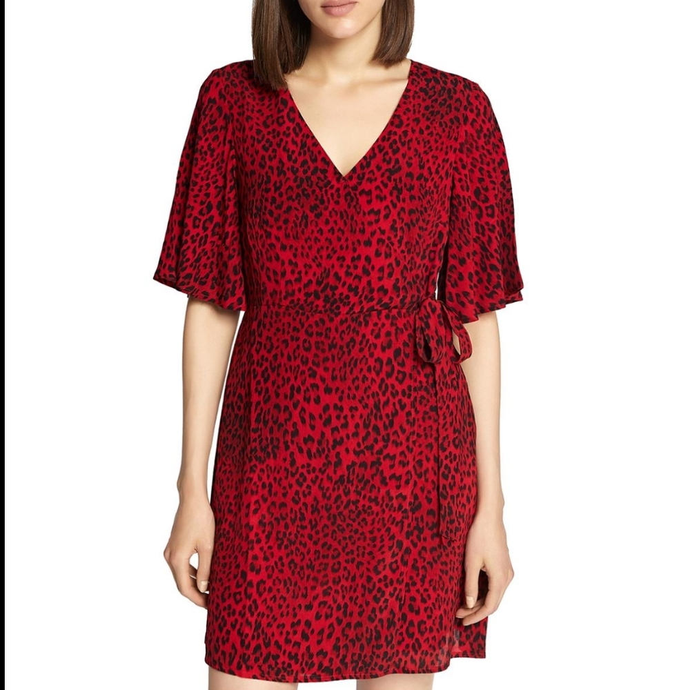 NWT Sanctuary Red Leopard print short sleeve v-neck tie wrap dress, size large - Picture 1 of 11